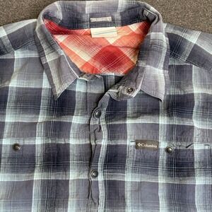 Columbia Shirt Mens Large Blue Plaid Snap Front Short Sleeve Outdoor Casual